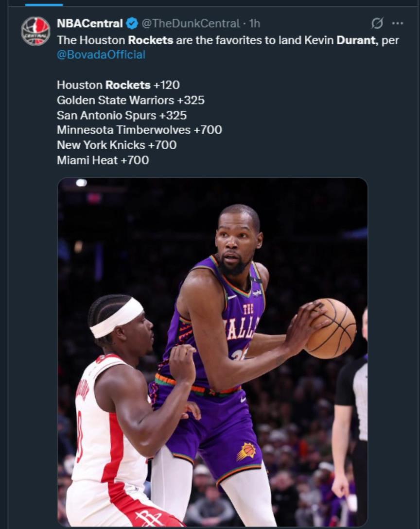 難道說？美媒曬杜蘭特下家賠率，火箭大幅度領(lǐng)跑！